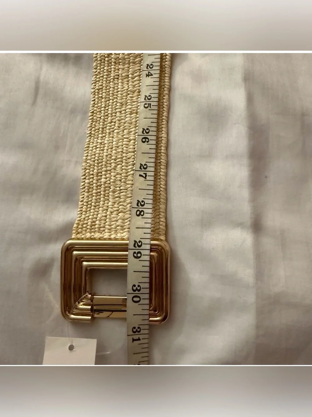 Beige paper stretchy waistband belt with gold tone buckle
